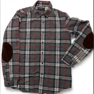 J Crew Mercantile Flex M Grey Plaid Patched Reinforced Elbow Long Sleeve Flannel